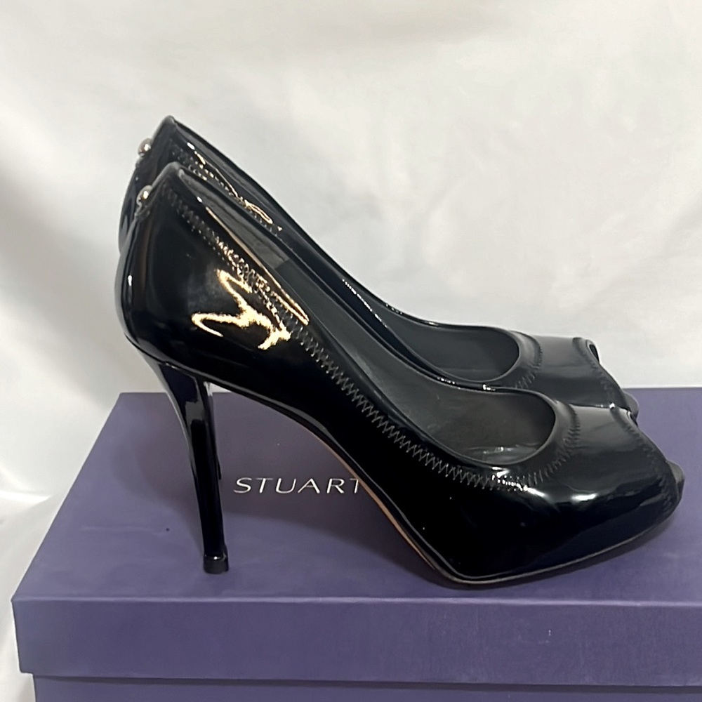 Stuart Weitzman Heels Black Patent Leather Peep Toe Heel Pumps Size 7.5